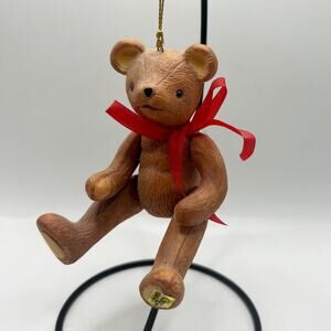 Vintage Brown Ceramic Teddy Bear Articulated Moveable Joints Christmas Ornament